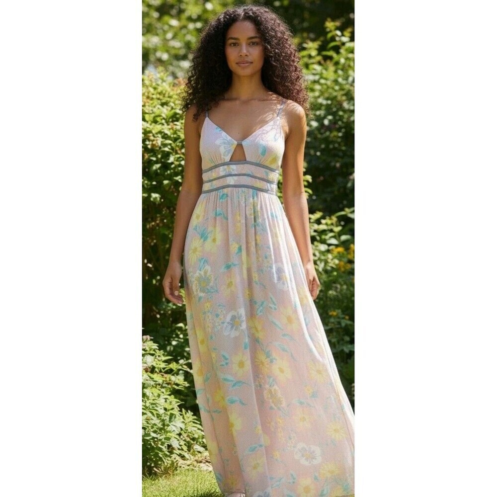Free People Wisteria Pastel Maxi Dress Floral Printed Back Cutouts Size Small